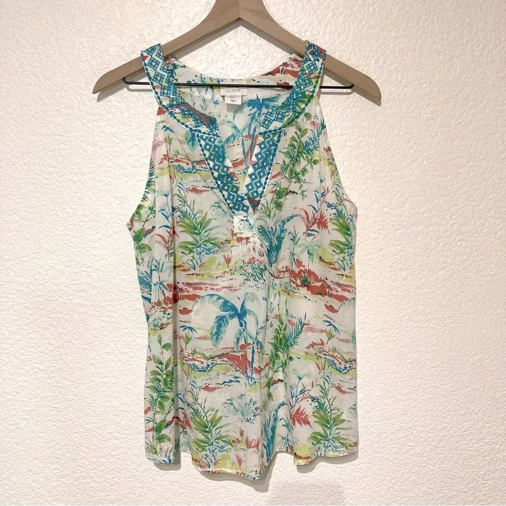 Sigrid Olsen Tropical Print Sleeveless Top Large Embroidered